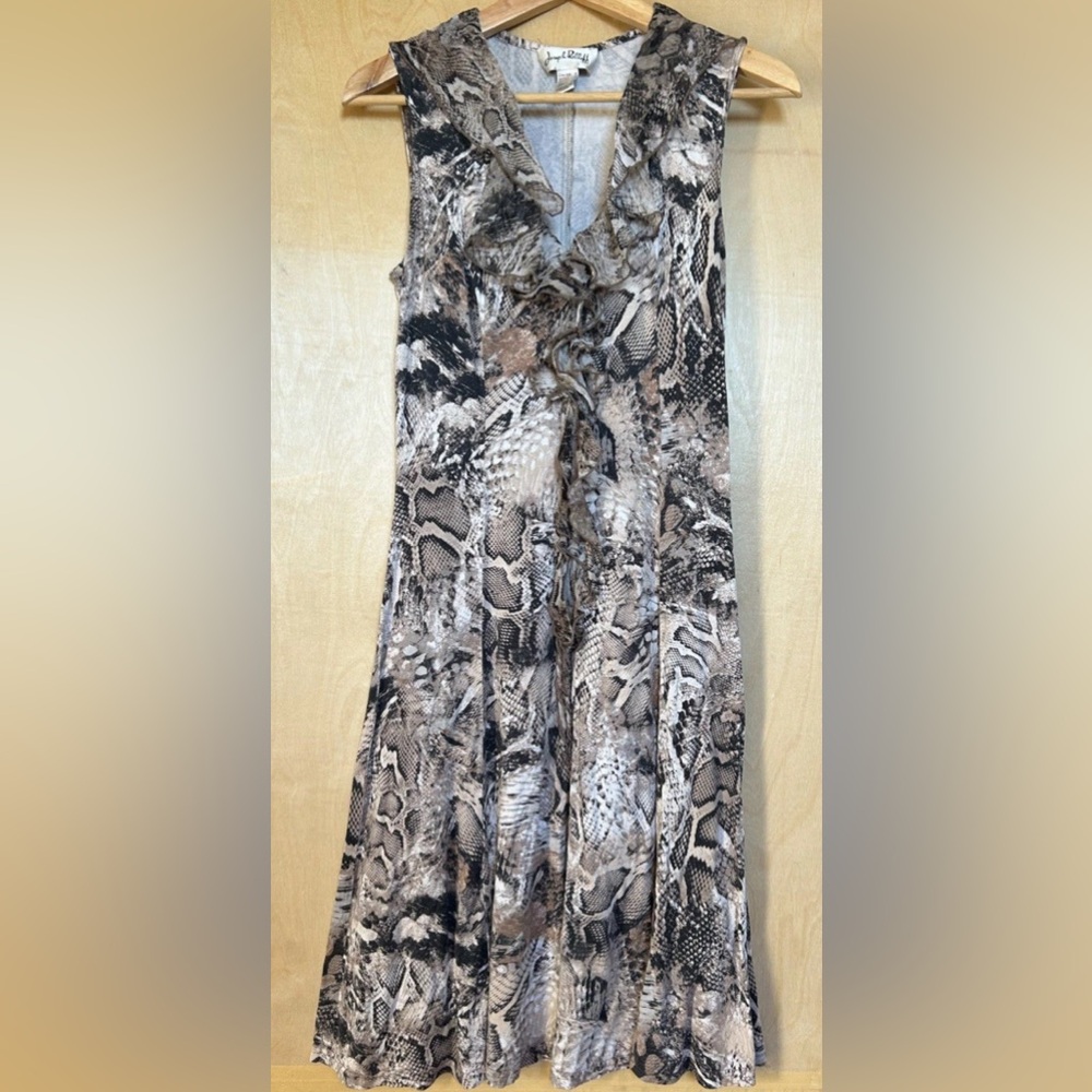 Joseph Ribkoff Y2K Women's Sz 6 Snake Print V-Neck Ruffle Sleeveless Dress Taupe